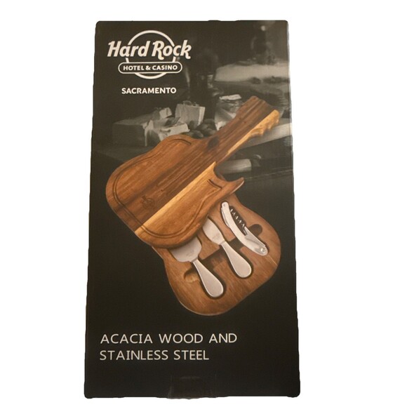 Acacia Wood Cheese Board & Tool Set Hard Rock Hotel & Casino Sacramento Guitar - Picture 1 of 6
